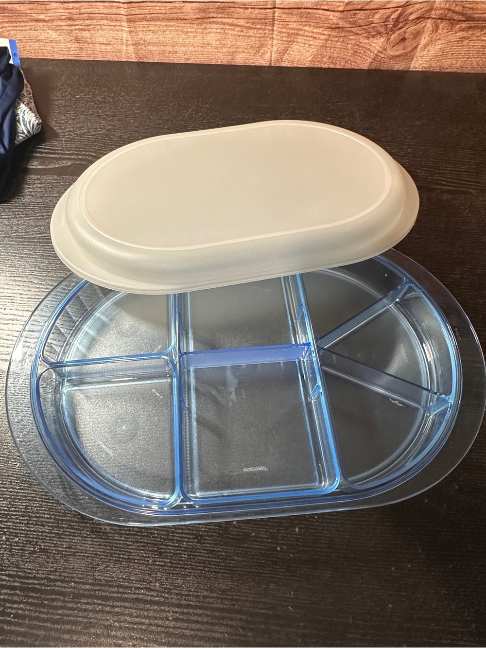 Tupperware Divided Oval Food Storage Container Set w/ Snap Lids Clear/Blue